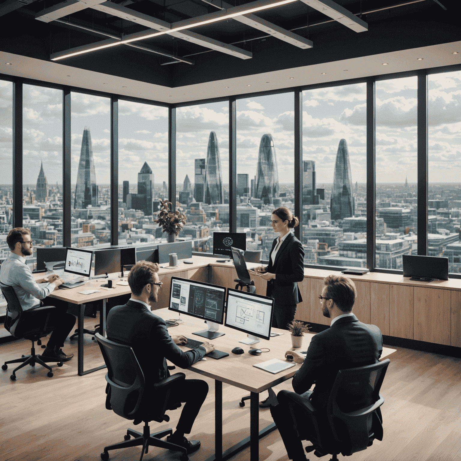 Image of a modern London office setting with AI experts and clients discussing analytics, featuring skyline views and interactive AI demonstrations